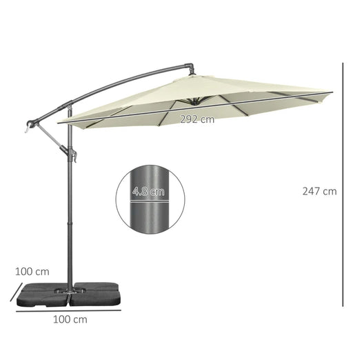 Image of a beige cantilever parasol with a weighted base