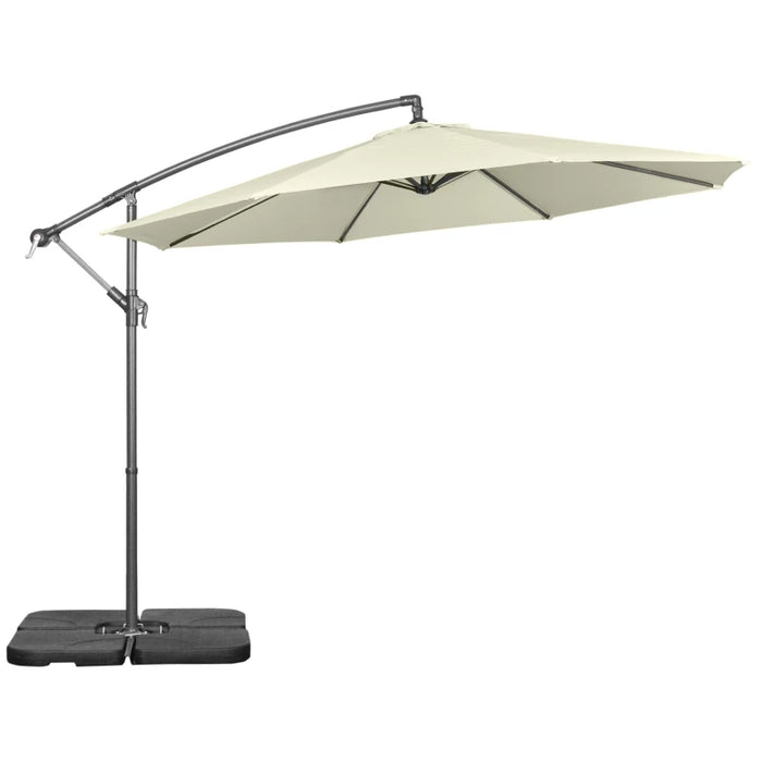 Image of a beige cantilever parasol with a weighted base