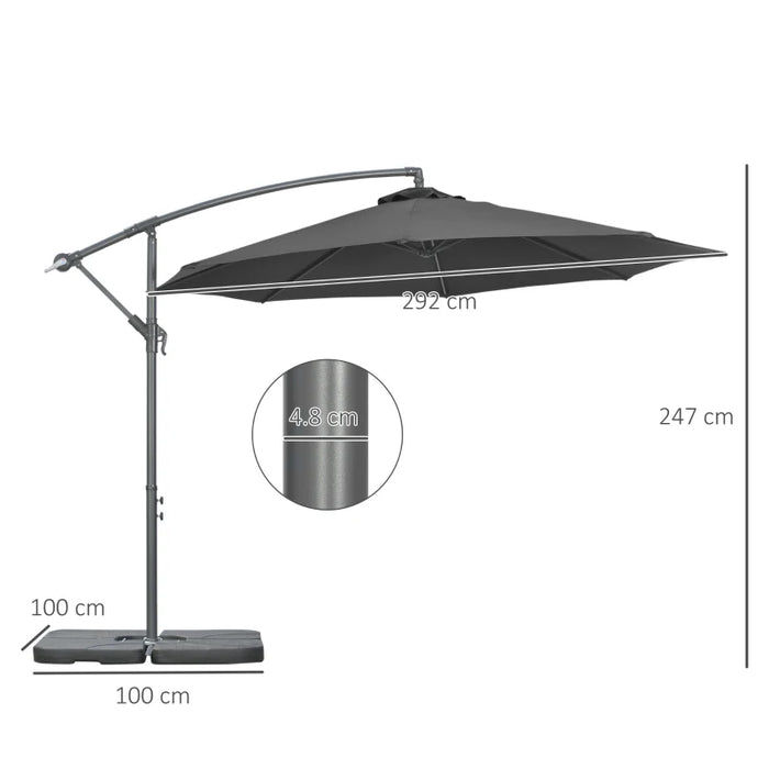 Image of a black cantilever parasol with a weighted base