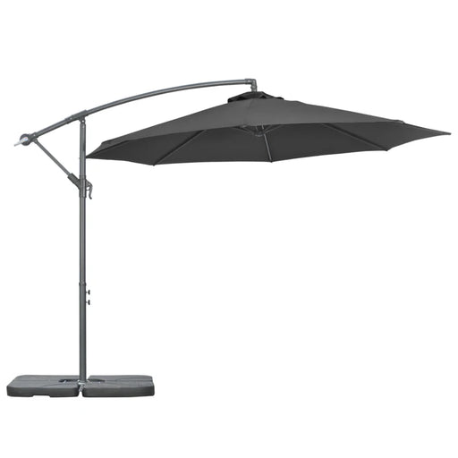 Image of a black cantilever parasol with a weighted base