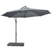 Image of a grey cantilever parasol with a weighted base