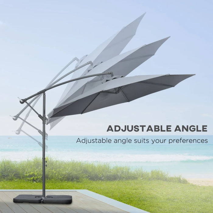 Image of a grey cantilever parasol with a weighted base