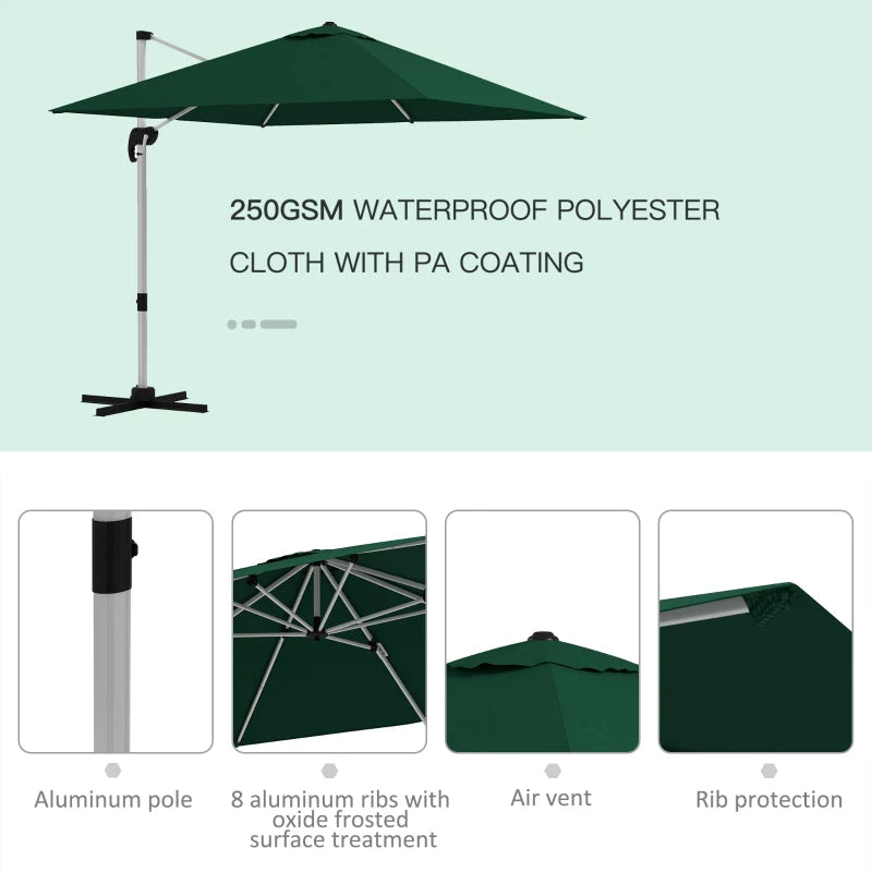 Image of a 3m Dark Green Large Premium Square Cantilever Parasol