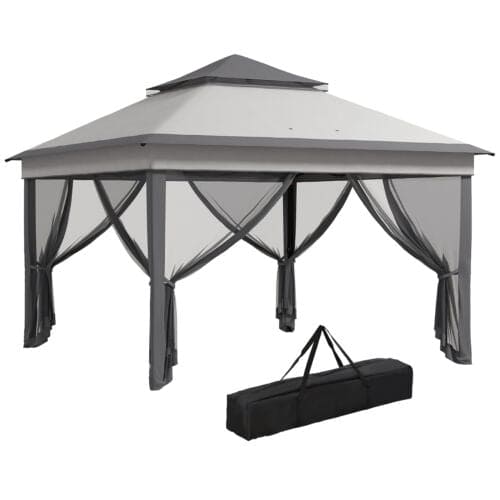 Image of an Outsunny 3m x 3m Pop Up Garden Gazebo With Mesh Sides, 2-Tier Roof, Light Grey