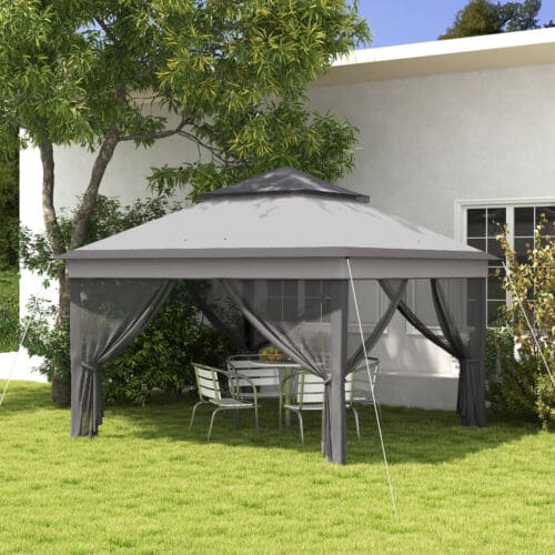 Image of an Outsunny 3m x 3m Pop Up Garden Gazebo With Mesh Sides, 2-Tier Roof, Light Grey