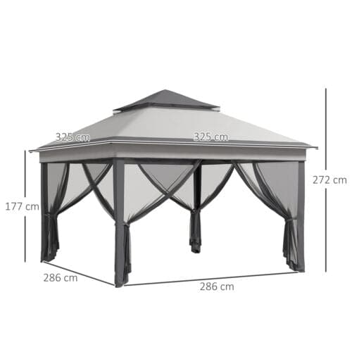 Image of an Outsunny 3m x 3m Pop Up Garden Gazebo With Mesh Sides, 2-Tier Roof, Light Grey