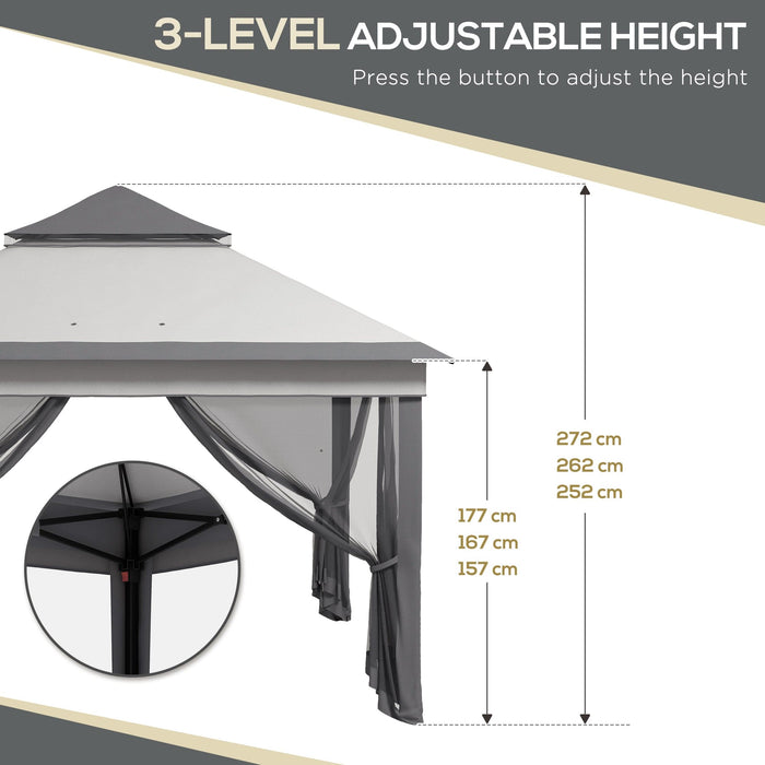 Image of an Outsunny 3m x 3m Pop Up Garden Gazebo With Mesh Sides, 2-Tier Roof, Light Grey