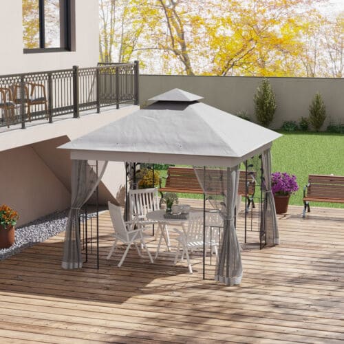 Image of an Outsunny 3m x 3m Metal Gazebo With Mesh Curtains, Light Grey