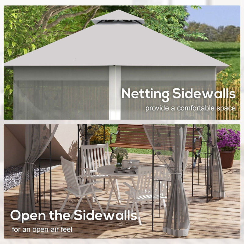 Image of an Outsunny 3m x 3m Metal Gazebo With Mesh Curtains, Light Grey