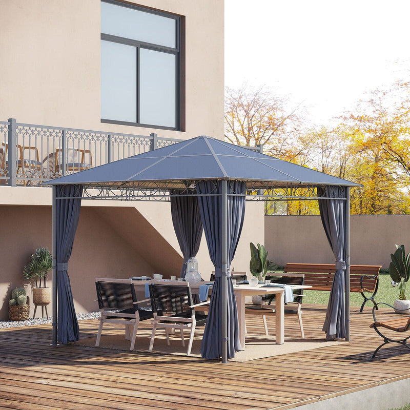 Image of an Outsunny 3m x 3m Polycarbonate Hardtop Gazebo With Curtains, Grey