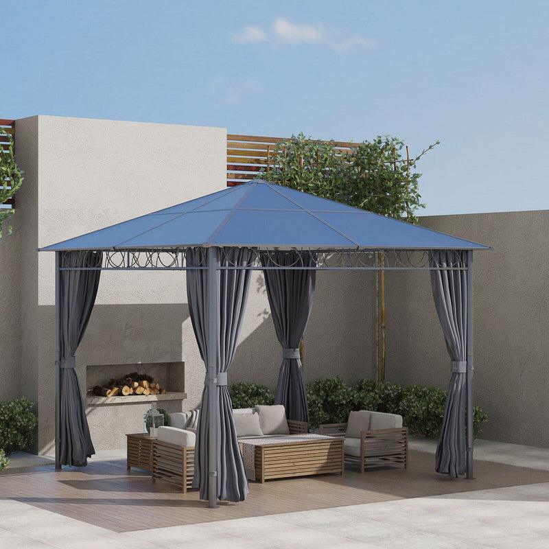 Image of an Outsunny 3m x 3m Polycarbonate Hardtop Gazebo With Curtains, Grey