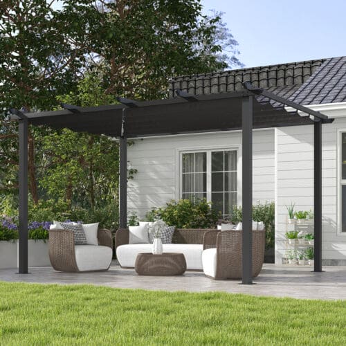 Image of an Outsunny 3m x 4m Aluminium Pergola Kit with Retractable Roof, Dark Grey