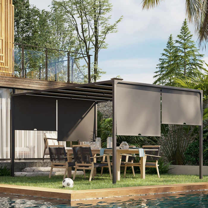 Image of an Outsunny 3m x 4m Metal Pergola with Retractable Roof and LED Lights, Dark Grey