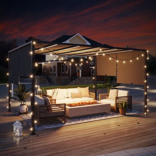 Image of an Outsunny 3m x 4m Metal Pergola with Retractable Roof and LED Lights, Dark Grey