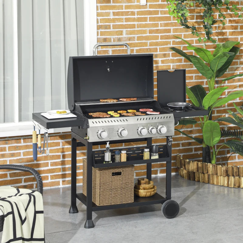 Image of a 4 Burner Gas BBQ With Side Burner, Galvanised Steel, Black