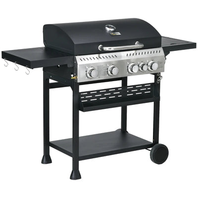Image of a 4 Burner Gas BBQ With Side Burner, Galvanised Steel, Black