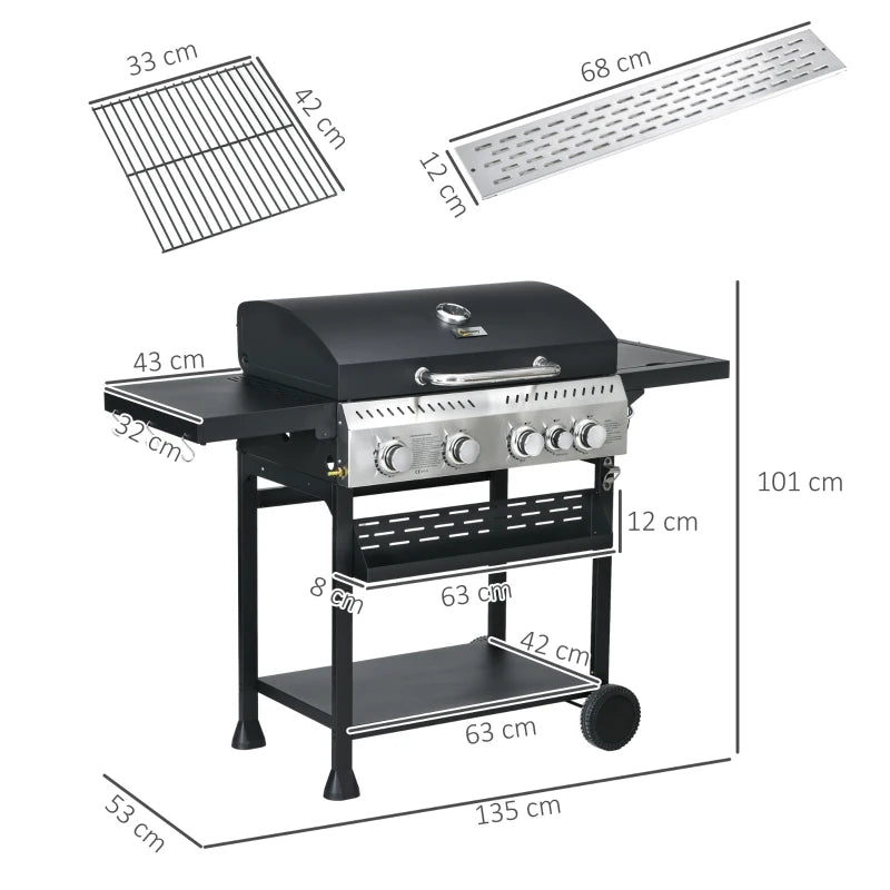 Image of a 4 Burner Gas BBQ With Side Burner, Galvanised Steel, Black