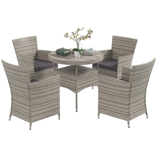 Image of an Outsunny 4 Seat Rattan Dining Set, Round Table, 4 Armchairs, Grey