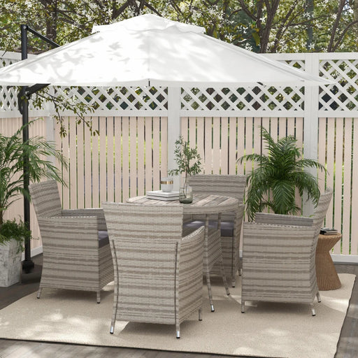 Image of an Outsunny 4 Seat Rattan Dining Set, Round Table, 4 Armchairs, Grey