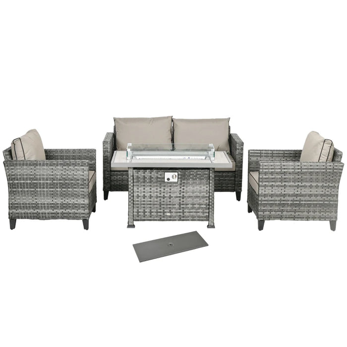 Image of a Rattan Patio Furniture Set With Fire Pit Table, Grey