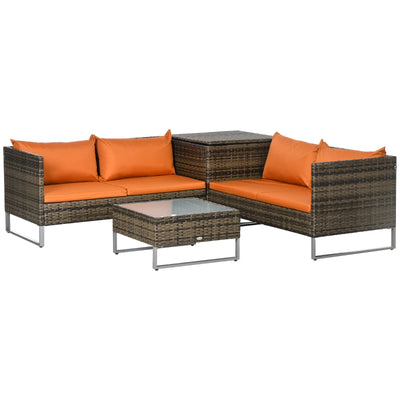 Image of a 4 Seater Rattan Sofa Set With Storage and Table. Brown rattan with orange cushions