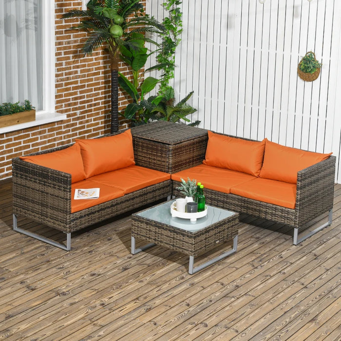 Image of a 4 Seater Rattan Sofa Set With Storage and Table. Brown rattan with orange cushions