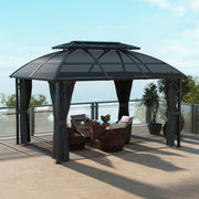 Image of a 4m x 3m Aluminium Polycarbonate Double Top Hard Roof Gazebo With Curtains and Mesh Nettings Black