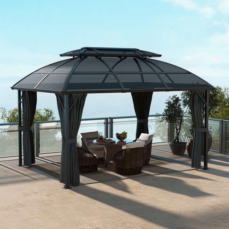 Image of a 4m x 3m Aluminium Polycarbonate Double Top Hard Roof Gazebo With Curtains and Mesh Nettings Black