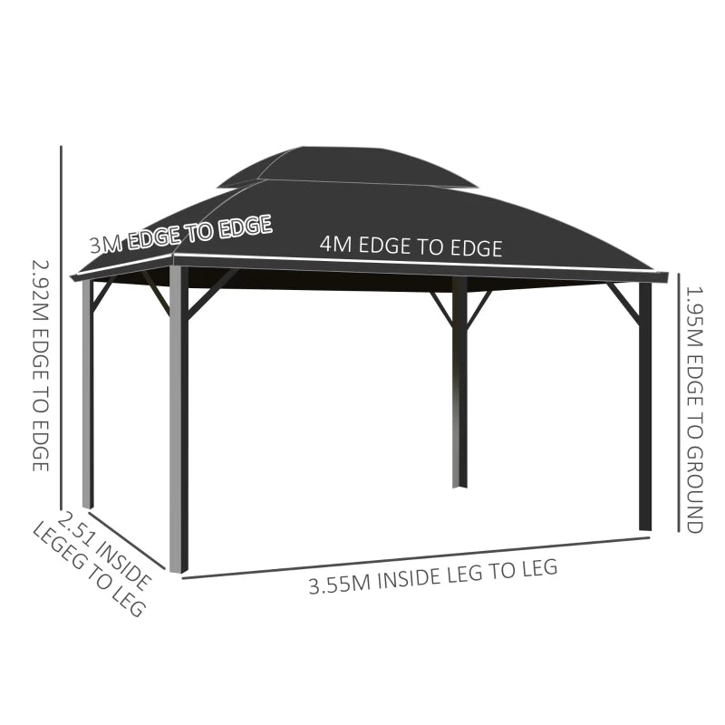 Image of a 4m x 3m Aluminium Polycarbonate Double Top Hard Roof Gazebo With Curtains and Mesh Nettings Black