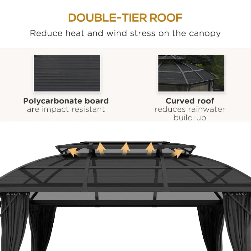 Image of a 4m x 3m Aluminium Polycarbonate Double Top Hard Roof Gazebo With Curtains and Mesh Nettings Black