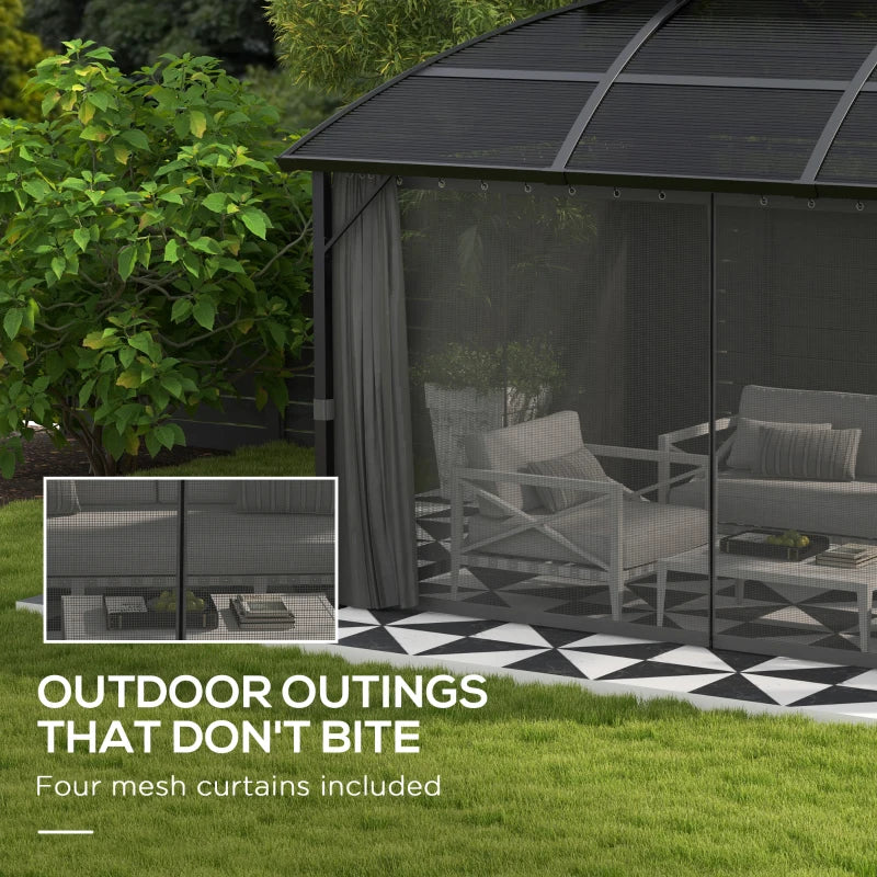 Image of a 4m x 3m Aluminium Polycarbonate Double Top Hard Roof Gazebo With Curtains and Mesh Nettings Black