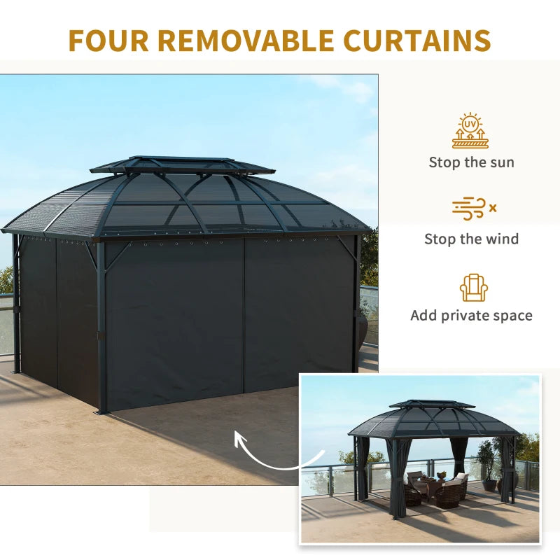 Image of a 4m x 3m Aluminium Polycarbonate Double Top Hard Roof Gazebo With Curtains and Mesh Nettings Black