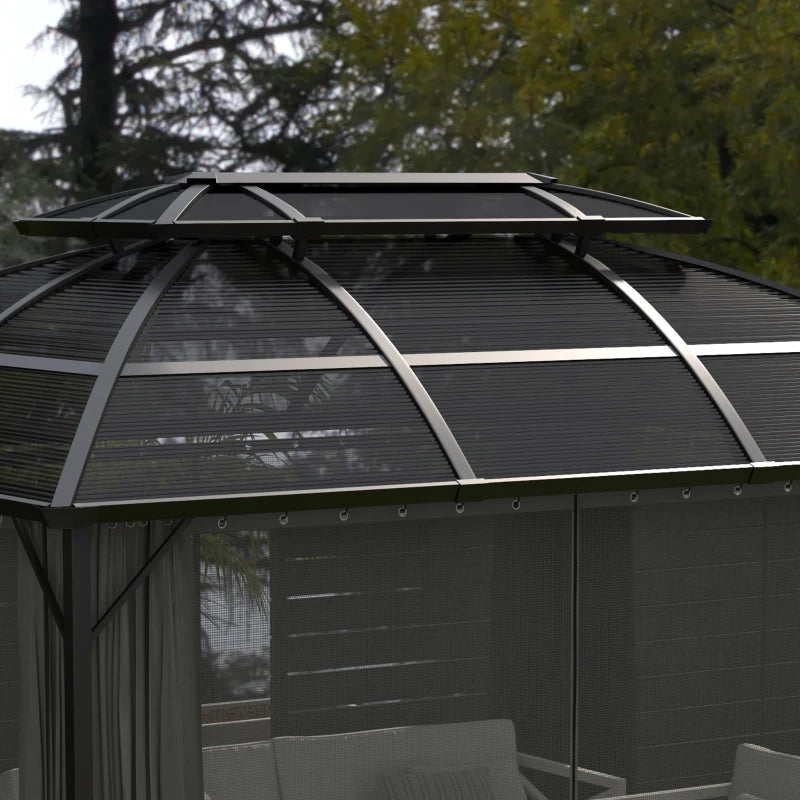 Image of a 4m x 3m Aluminium Polycarbonate Double Top Hard Roof Gazebo With Curtains and Mesh Nettings Black