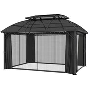 Image of a 4m x 3m Aluminium Polycarbonate Double Top Hard Roof Gazebo With Curtains and Mesh Nettings Black