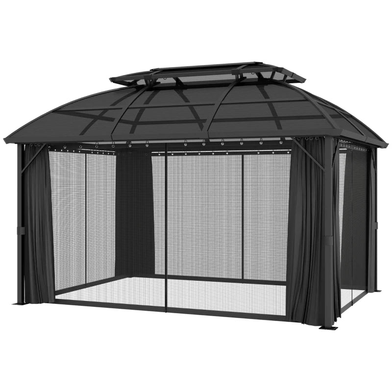 Image of a 4m x 3m Aluminium Polycarbonate Double Top Hard Roof Gazebo With Curtains and Mesh Nettings Black