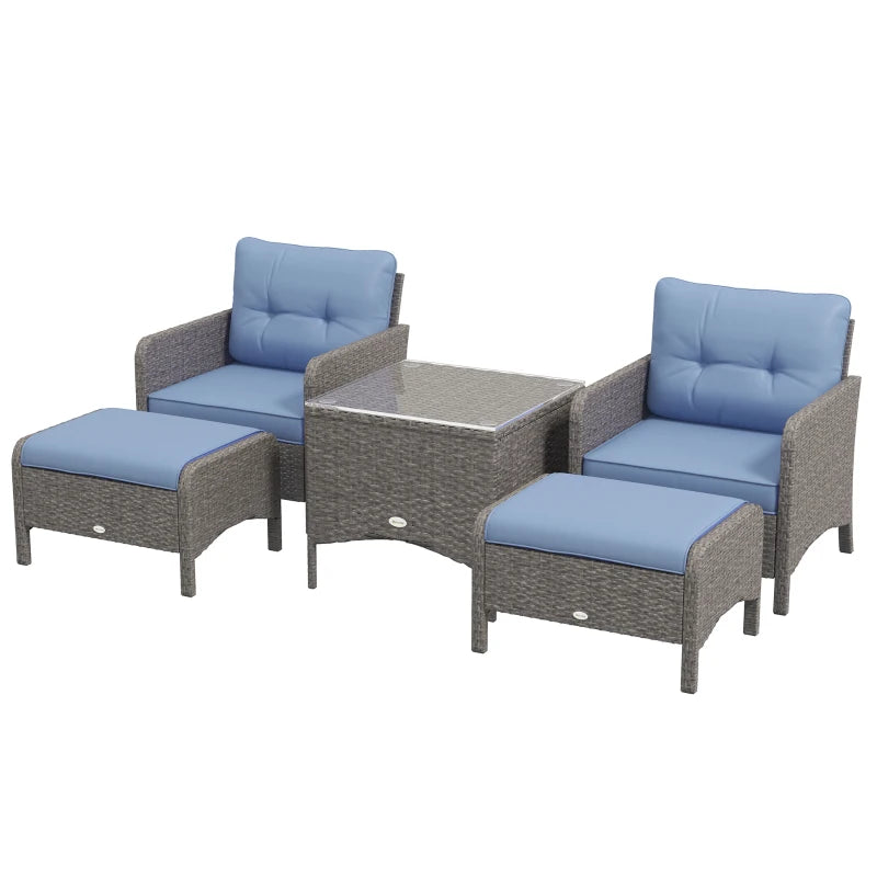 Image of a PE rattan patio bistro set for two. Image shows 2 dark grey rattan armchairs with blue cushions and matching footstools. There is also a matching rattan coffee table with a glass too.