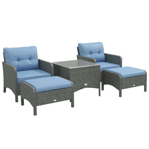 Image of a PE rattan patio bistro set for two. Image shows 2 dark grey rattan armchairs with blue cushions and matching footstools. There is also a matching rattan coffee table with a glass too.