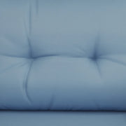 Image of a PE rattan patio bistro set for two. Image shows 2 dark grey rattan armchairs with blue cushions and matching footstools. There is also a matching rattan coffee table with a glass too.