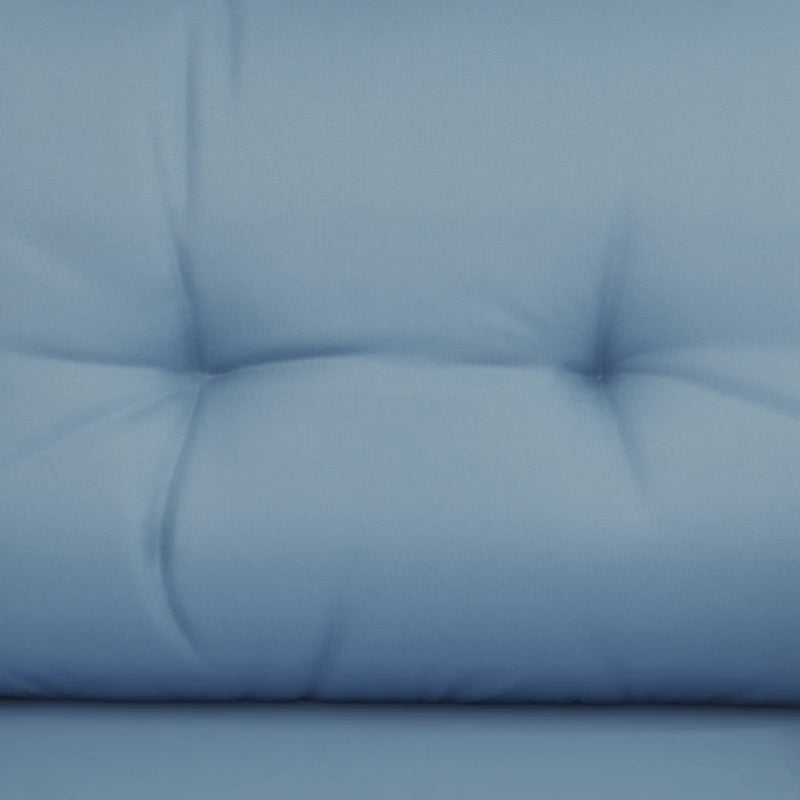 Image of a PE rattan patio bistro set for two. Image shows 2 dark grey rattan armchairs with blue cushions and matching footstools. There is also a matching rattan coffee table with a glass too.