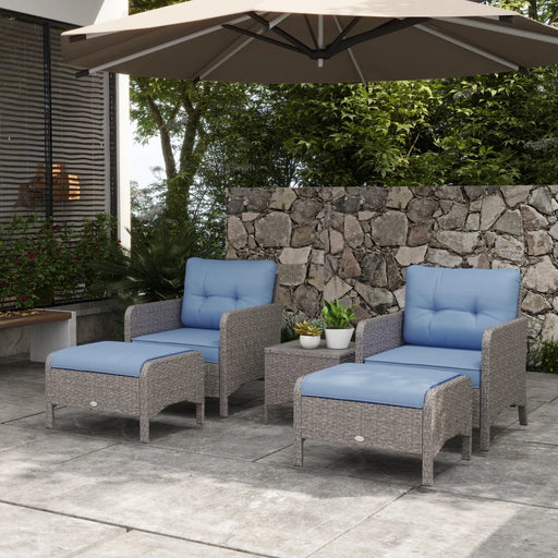 Image of a PE rattan patio bistro set for two. Image shows 2 dark grey rattan armchairs with blue cushions and matching footstools. There is also a matching rattan coffee table with a glass too.