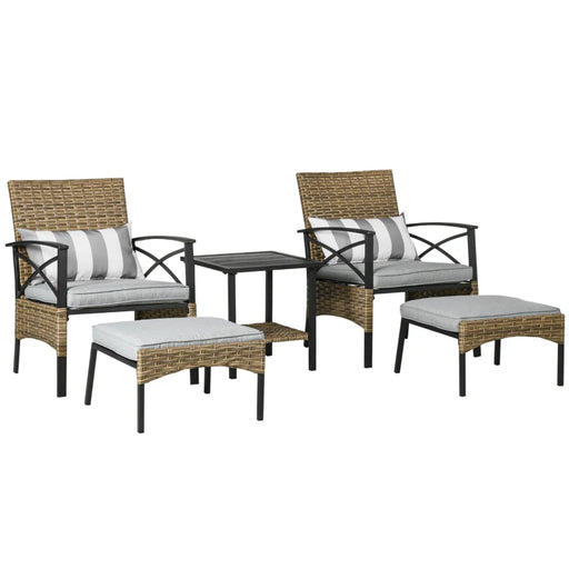 Image of a rattan patio furniture set consisting of 2 khaki coloured armchairs with grey seat cushions, 2 footstools and a coffee table with a shelf
