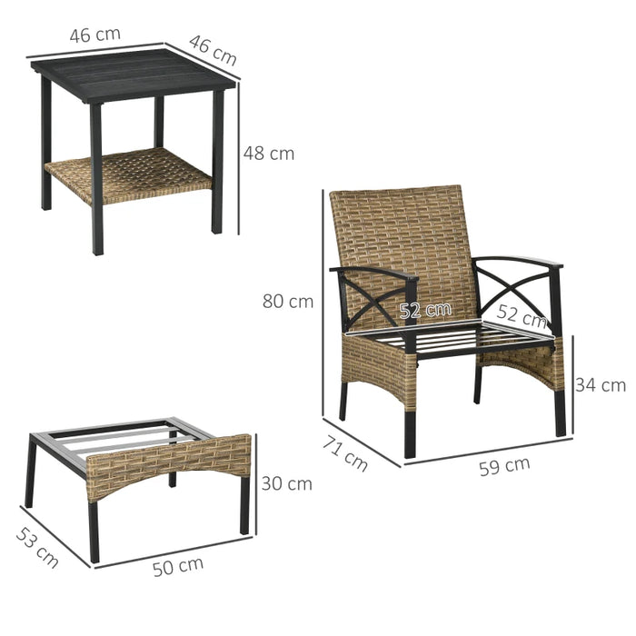 Image of a rattan patio furniture set consisting of 2 khaki coloured armchairs with grey seat cushions, 2 footstools and a coffee table with a shelf