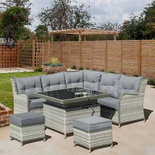 Image of a 5 Seater Grey Outdoor Rattan Sofa Set with Cushions Footstools and Height Adjustable Table