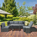 Image of 5 Seater Grey Rattan Garden Sofa Set With Canopy situated on decked area on a sunny day.