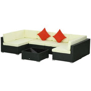 Image of an Outsunny 6 Seat Rattan Sofa With Table, Black With Beige Cushions