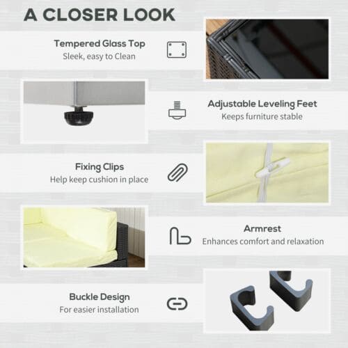 Image of an Outsunny 6 Seat Rattan Sofa With Table, Black With Beige Cushions