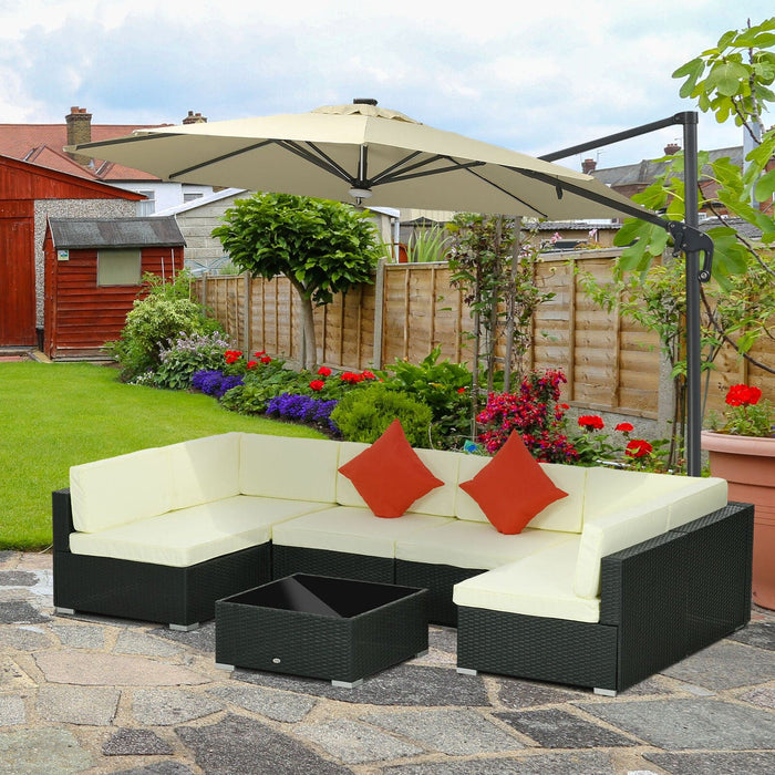 Image of an Outsunny 6 Seat Rattan Sofa With Table, Black With Beige Cushions