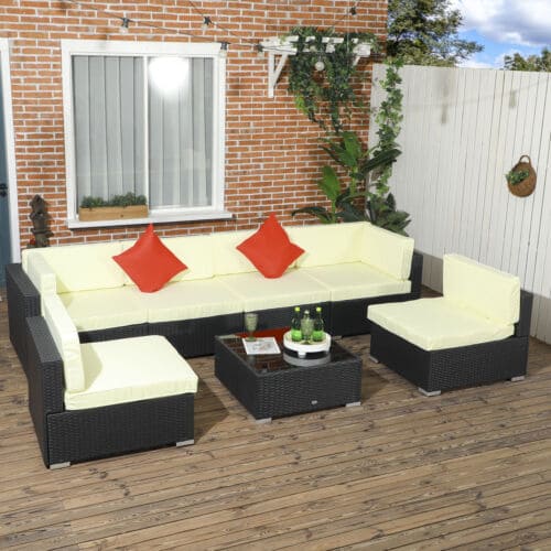 Image of an Outsunny 6 Seat Rattan Sofa With Table, Black With Beige Cushions