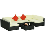 Image of an Outsunny 6 Seat Rattan Sofa With Table, Black With Beige Cushions