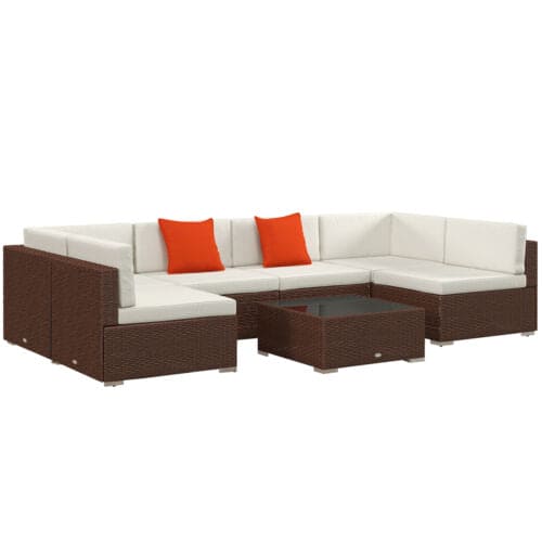 Image of an Outsunny 6 Seat Rattan Sofa With Table, Brown With Beige Cushions